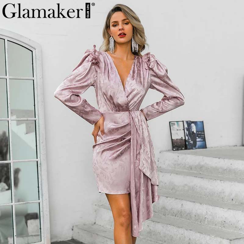 Glamaker/жаккардовое платье с v-образным вырезом; Элегантное Атласное Платье в стиле пэчворк с рюшами и длинными рукавами-фонариками; женское платье мини; сезон осень-зима; вечерние платья; сексуальное платье