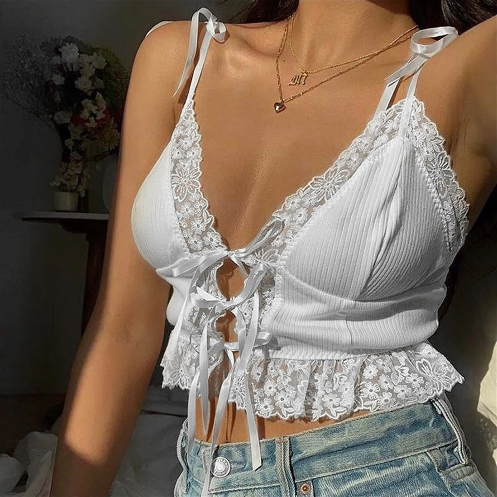 

Women Lace Camisole Bandage Vintage Chest Tie Camisole Hollow Lace Stitching Exposed Umbilical Inner Strap Vest Top Camisole New