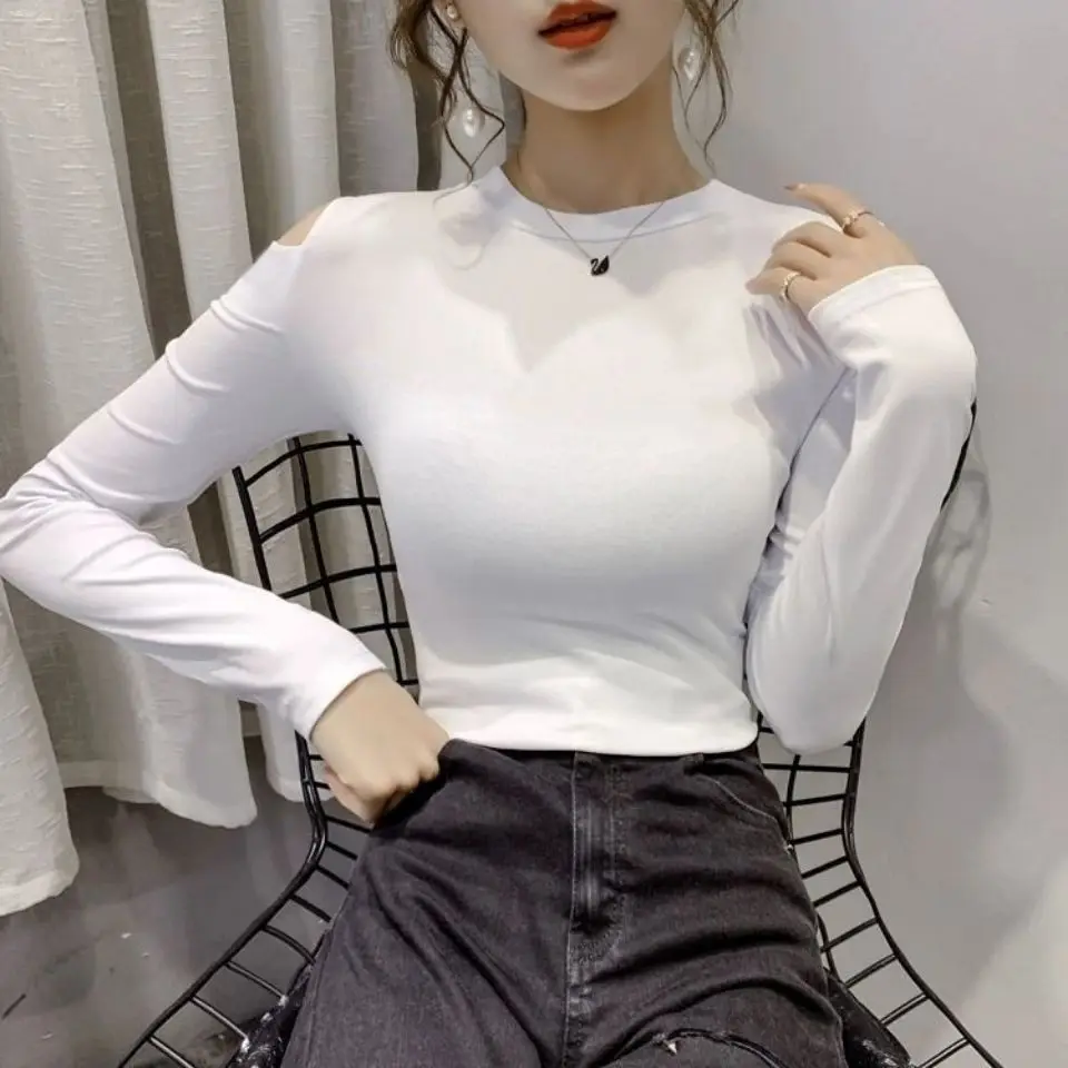 

Autumn new shoulder leaky T-shirt women's long sleeve bottom shirt slim sexy off the shoulder top fashion