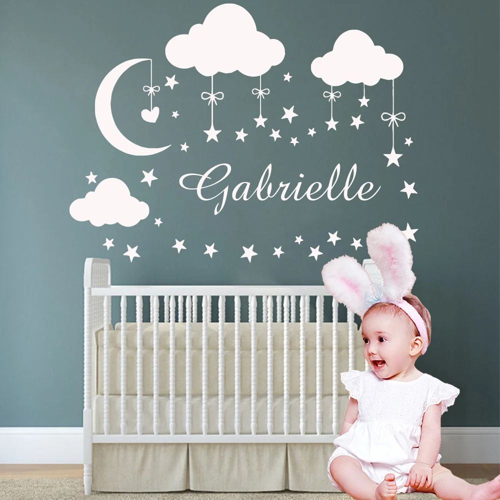 

Personalized Custom Name Wall Sticker Moon Stars Vinyl Stickers For Kids Babys Room Decoration Decals Girls Bedroom Decor mural