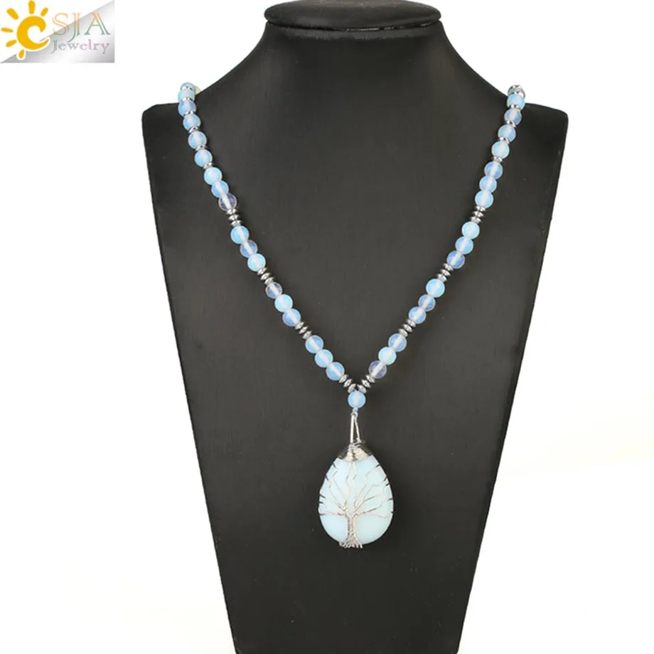 Opal Csja 6 миллиметровый опал бисерные ожерелья Дерево жизни Wire wrap кулон 7 Исцеление чакры бисера ручной работы ювелирные изделия для женщин мужчин Collier S478 - Окраска металла: Opal