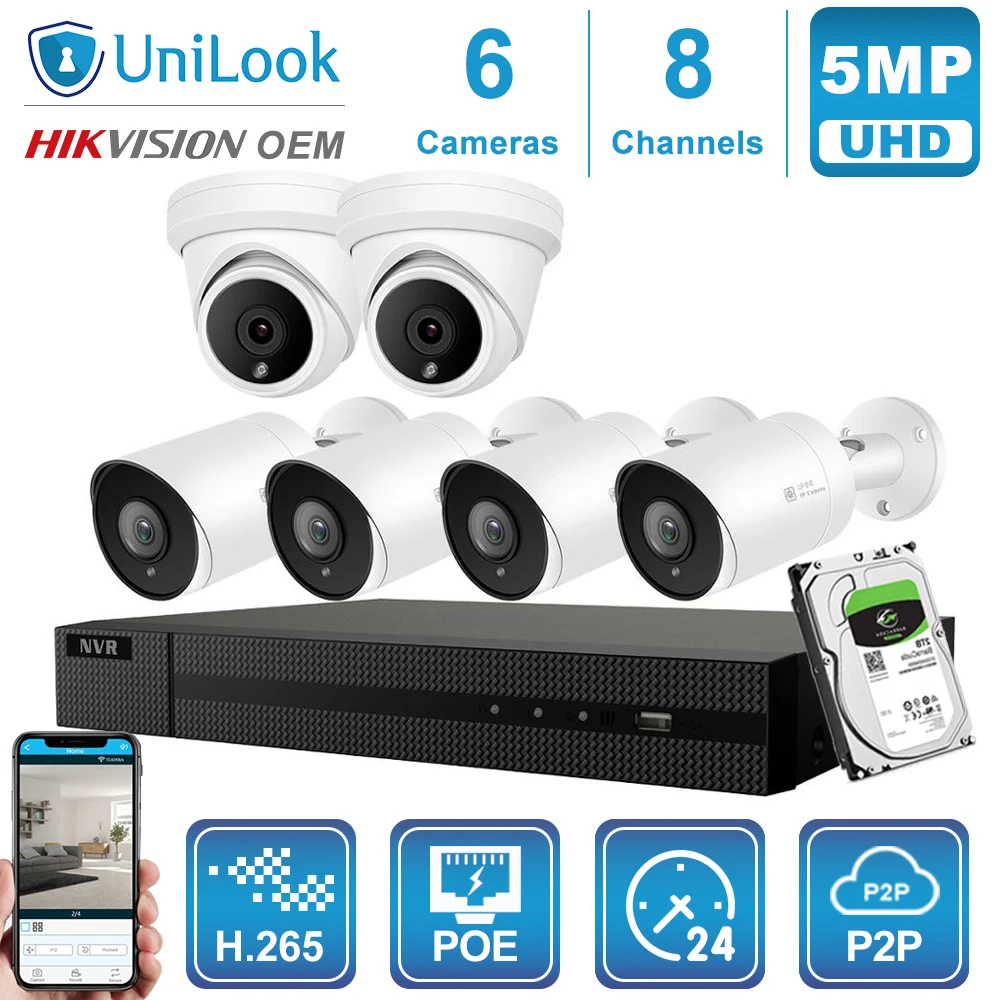 UniLook 8CH NVR 6/8 шт. 5MP купольная IP-камера POE Hikvision OEM наружная система безопасности