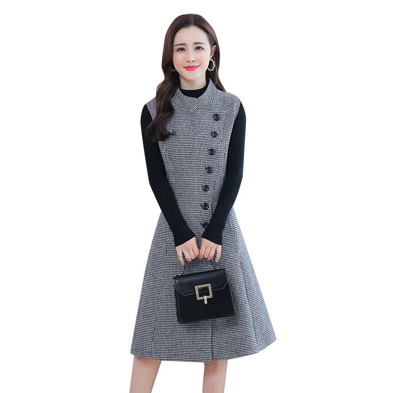 

2020 Autumn and Winter New Woolen Dress + Black Sweater Mid-Length Temperament Vest Skirt and Two-Piece A-Line Skirt