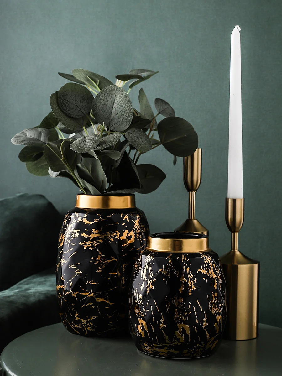 

European Gilded Ceramic Vase Marble Pattern Countertop Living Room Furnishings Flower Arrangement Fresh Flowers Hydroponic Vase