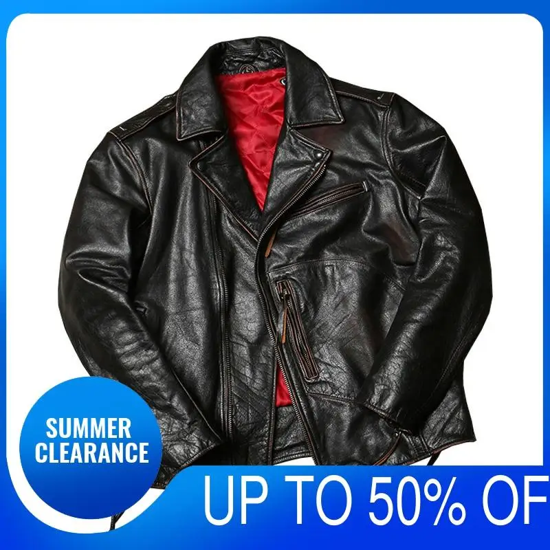 

2021 Vintage Brown American Motorcycle Style Leather Jacket Men Large Size 6XL Genuine Thick Cowhide Winter Biker's Coat