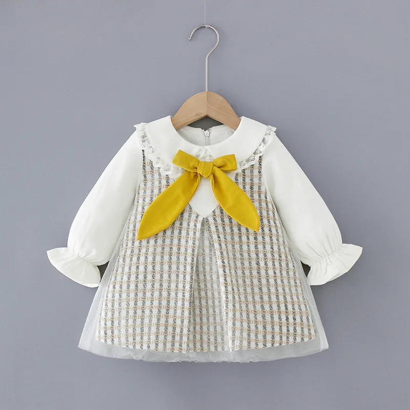 

NEW Girls Cute Bow Dress Spring Lapel Fashion Long-sleeved Princess Plaid Party Dress Kids Lace Cotton Patchwork Full