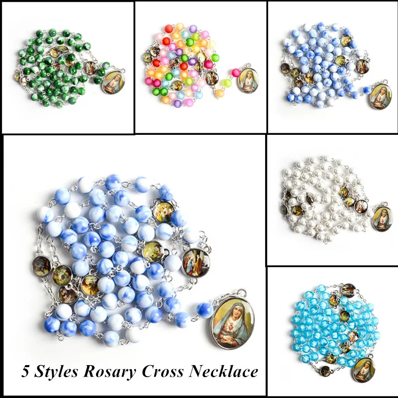 

Handmade 5 Colors Acrylic Religion Character Rosary Cross Necklace Seven Sorrow Pendant For Unisex Gifts Fashion Jewelry