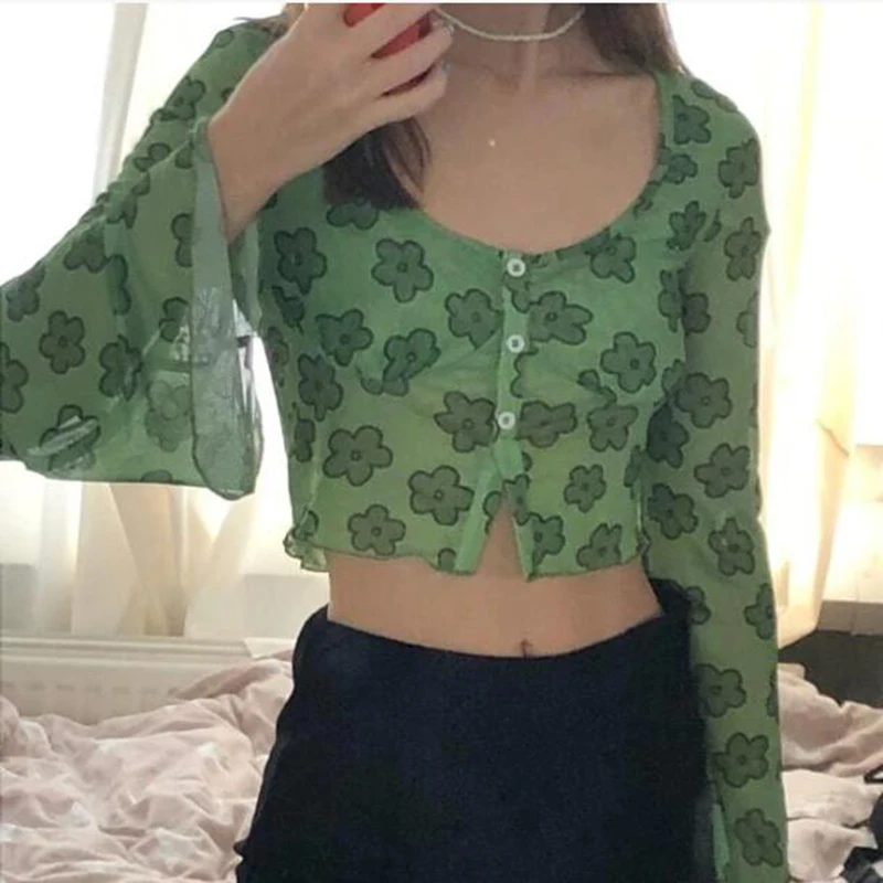 Harajuku Floral Print Green T-shirt Y2K Aesthetics Mesh Buttons Flare Sleeve Crop Tops 90s Women Vintage Clothes Summer Tee