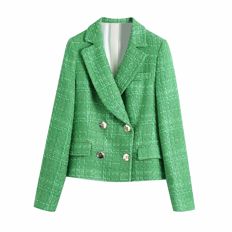 

Double-Breasted Fitted Blazers Women's Za Green Plaid Tweed Notched Female Casual Long sleeve pockets Short Coats Mujer