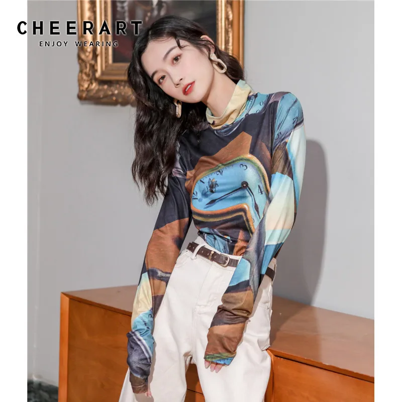 CHEERART Dali Time Lapses Женская водолазка с принтом топы и блузки Высокоэластичный Топ