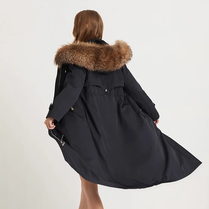 

Tea-Length Rex Black Rabbit Overcoat Pockets Real Fur Coats With Detachable Raccoon Dog Collar Winter Clothes Women 2021