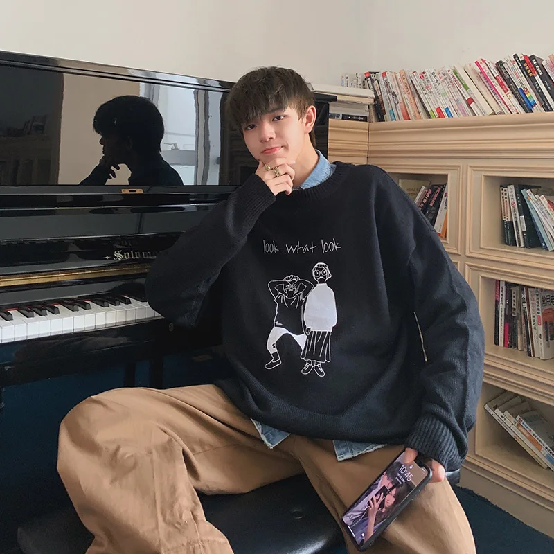 Мужской пуловер с круглым вырезом повседневный свободный свитер вышивкой серого