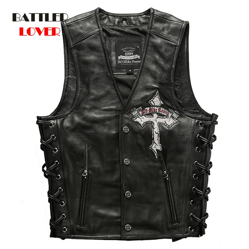

2020 Men Skull Embroidery Genuine Leather Motorcycle Vest for Male Real Thick Cowhide Slim Fit Comfortable Biker Vest