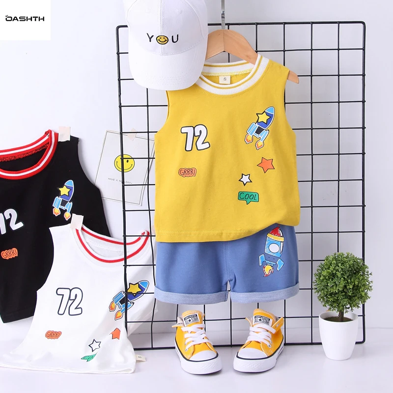 

OASHTH Children's clothing summer new boys and girls vest suit baby sleeveless shorts two-piece suit