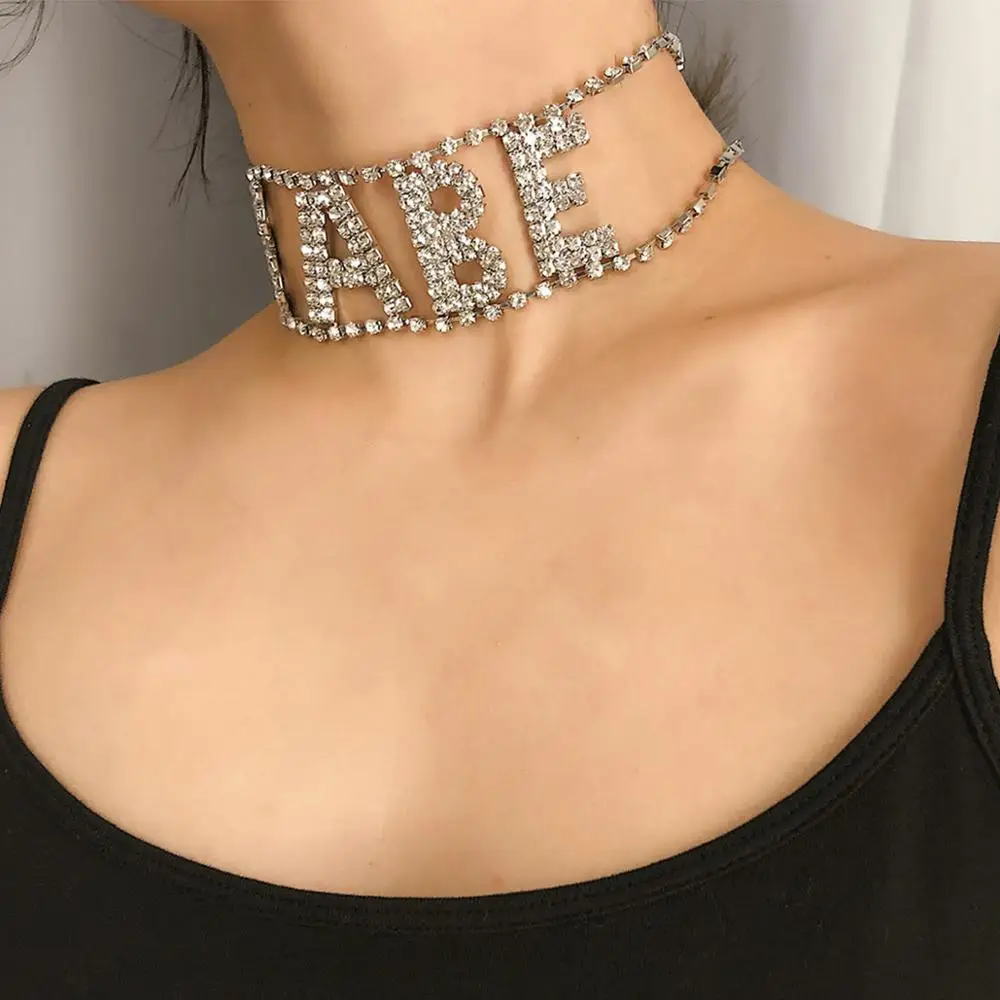 Lacteo Punk Rhinestone Letter BABE Choker Necklaces for Women Statement Gold Color Clavicle Chain Necklace Female Jewelry Gift