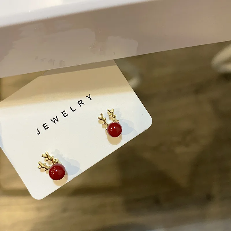 

S925 Silver Needle Christmas Earrings New Year Little Elk Antlers Cute Red Bean Earrings Student Wild Red Earrings