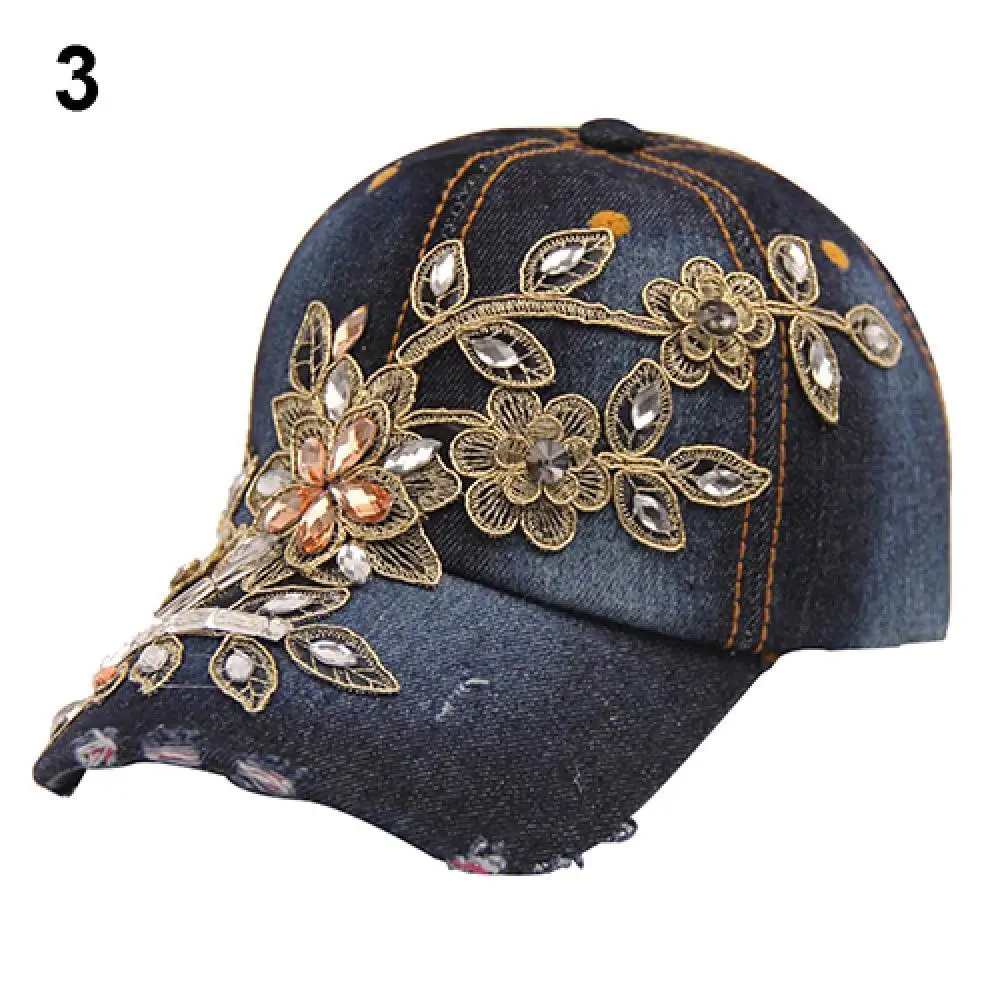 

2021 Hot Sales Women's Embossing Flower Denim Baseball Cap Summer Rhinestone Snapback Jeans Hat