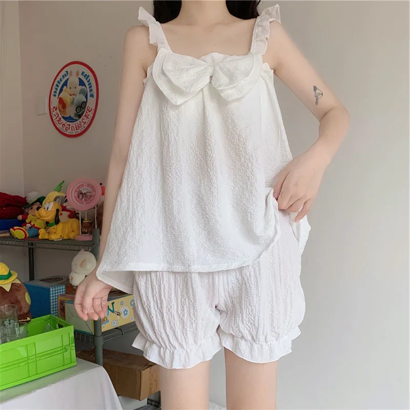 2021 Summer New Bow Sweet Lovely Women's Sling Pajamas Sets Ruffle Knickerbockers Home Suit Lady Sleepwear Female Nightwear