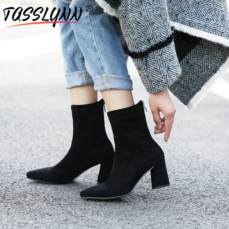 

TASSLYNN 2019 Boots Women Zip Stretch Fabric Ankle Boots Winter Shoes Women Square Heel Pointed Toe Plush Snow Boots Big Size 44