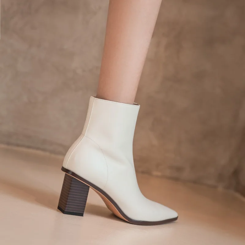 

sexy pointed toe high heels zipper ankle boots women fashion genuine leather warm booties mujer zipper chunky heel shoes women