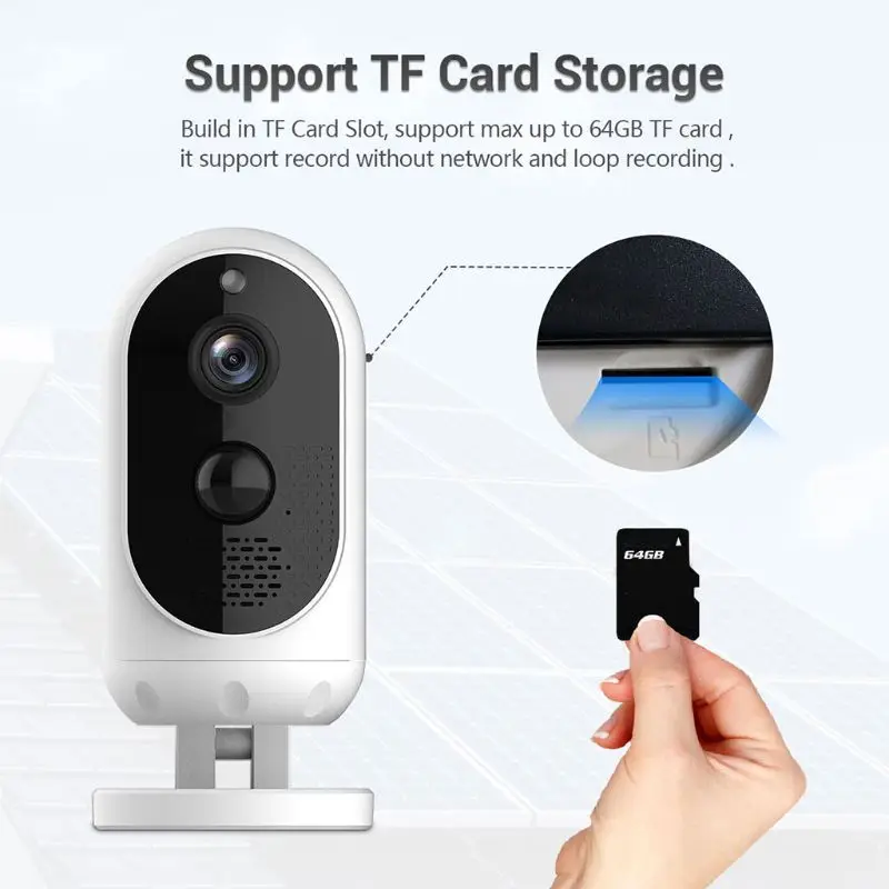1080P High Definition Outdoor Rechargeable Battery Solar Panel PIR Alarm Wireless Camera IP65 Waterproof Support TF Card Storage |
