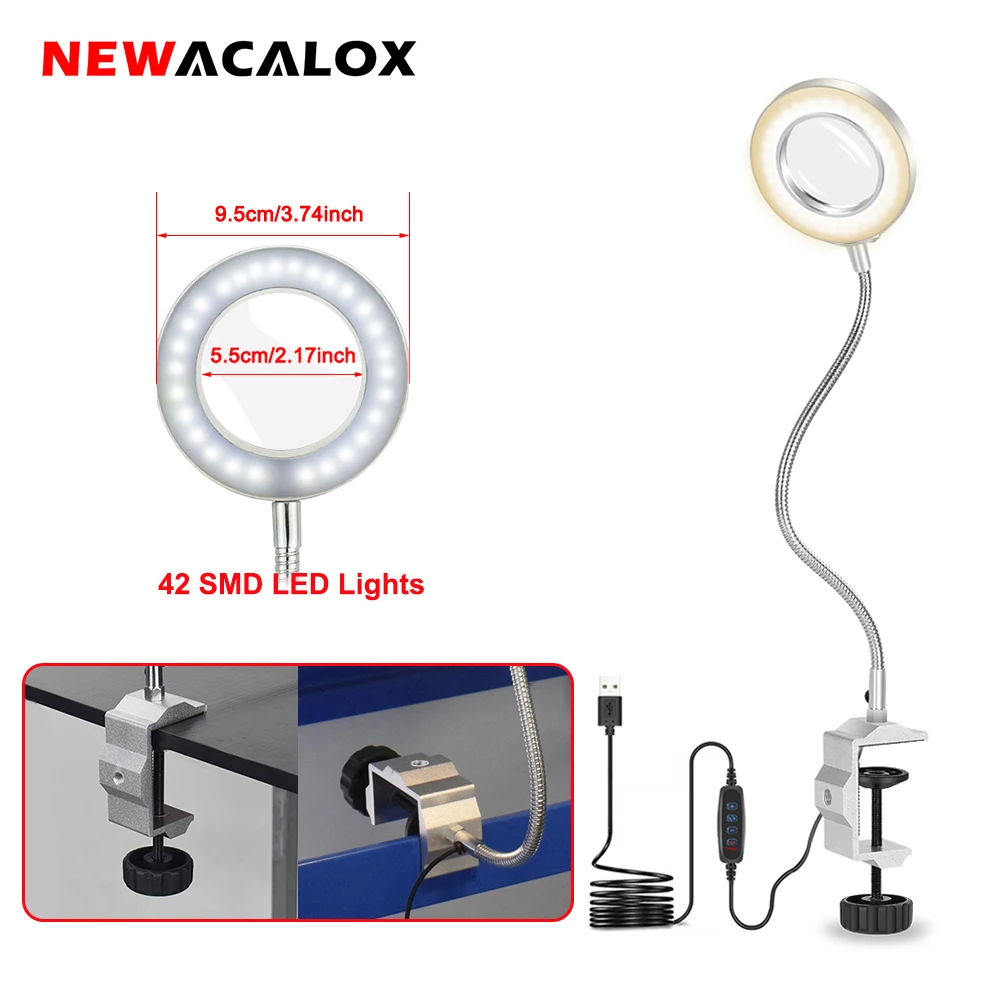 

NEWACALOX USB 3X Illuminated Magnifier 3 Colors LED Light Magnifying Glass Soldering Tool Loupe Table Clip Reading Lamp