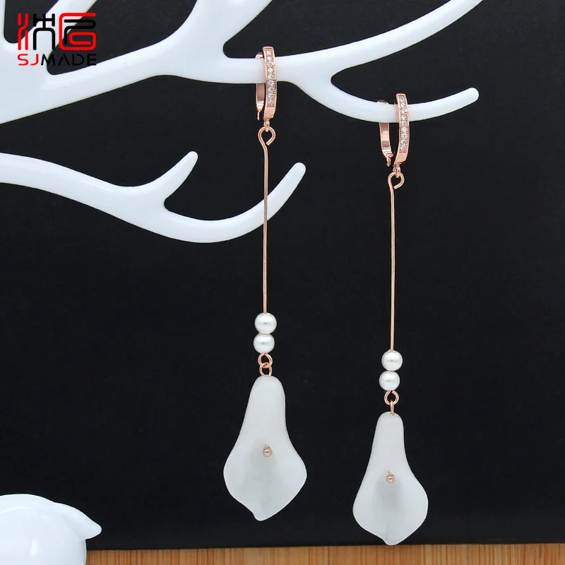 SHENJIANG Новые Модные Винтажные длинные серьги в форме цветка 585 цвета розового золота нефритовые серьги с кристаллами женские свадебные ювелирные изделия в подарок