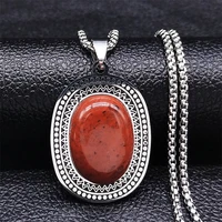 stainless steel red natural stone boho chain necklace silver color bohemia oval pendants necklaces jewelry bijoux acier n3608s04