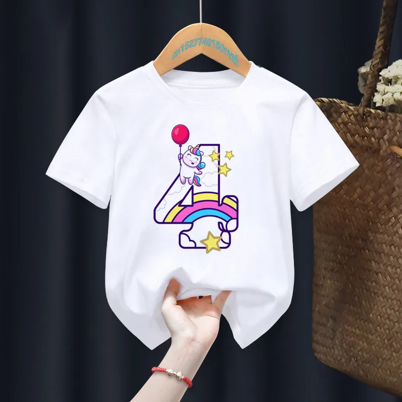 

Children Unicorn Girl My 0-9th Birthday Number Print Name T-shirt Birthday Gift Present Clothes Baby Letter Tops Tee,Drop Ship