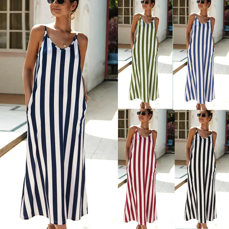 Женское сексуальное пляжное платье в полоску на лето 2020 женские вечерние платья
