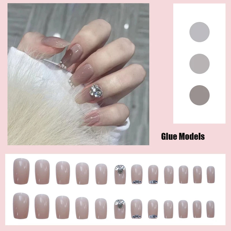 

24pcs Natural Color Nail Extension Patch With Zirconia False Nail Set Waterproof Nail Art Supplies BUTT666