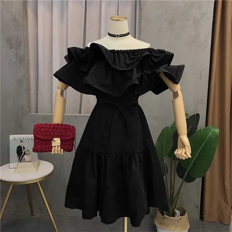 

2021 Summer Cute Dress Women Slash Ruffles Neck 11 Colors Cotton Linen Midi Dress Empire Slim Party Dress