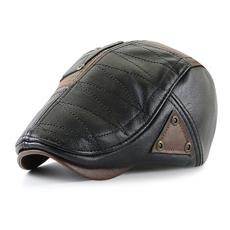 

Retro Outdoor Leather Hat for Men Leisure Flat Cap Winter Beret Male Warm Ear Protection Cap Men Duckbill Hat Winter Driving Cap