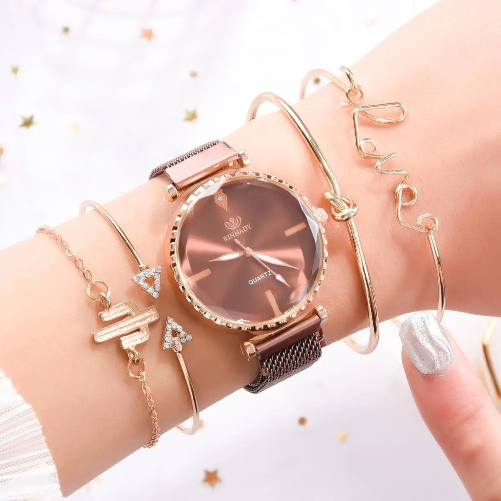 Модный стиль 5 шт./компл. женские часы розовое золото на магнитной застежке платье