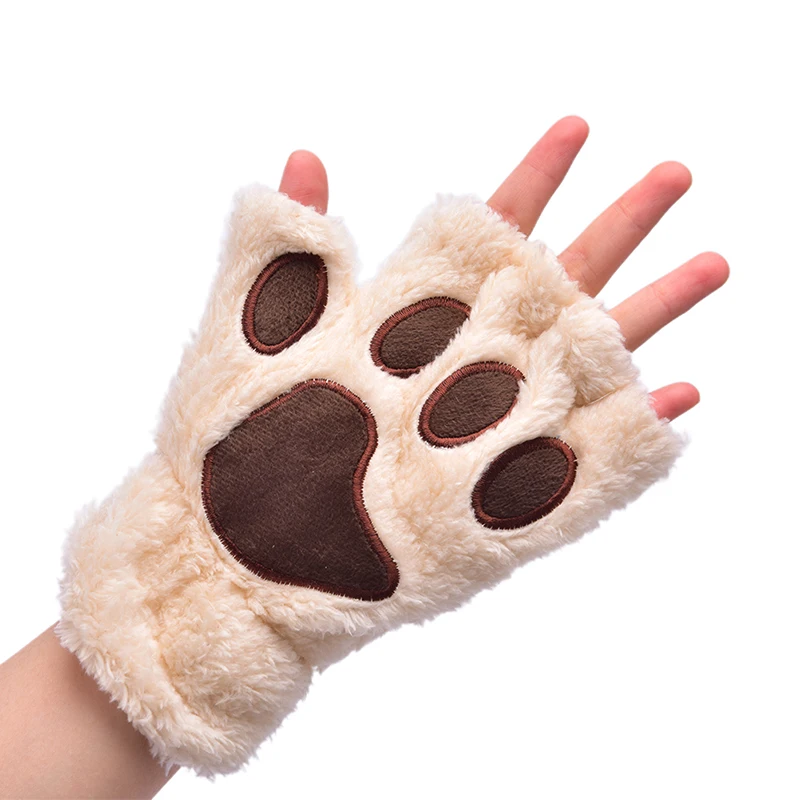 

Winter Women Cute Cat Claw Paw Plush Mittens Short Fingerless Gloves Half Finger Gloves