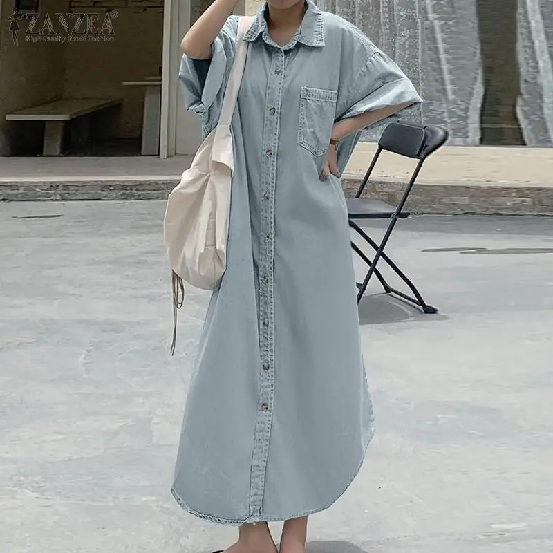 

Женское осеннее модное джинсовое платье, мешковатое однотонное платье с отложным воротником и расклешенными рукавами