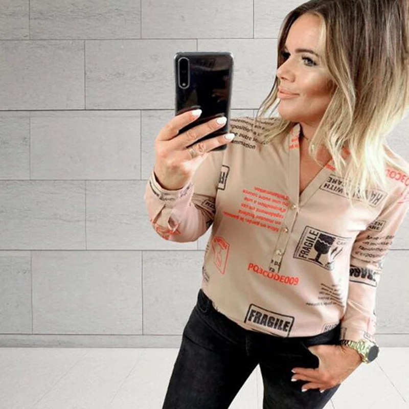 Women's Shirts With Long Sleeves 2021 Fashion Women V Neck Letters Printing Button Women's Shirts For Spring Tops Blouse Блузка