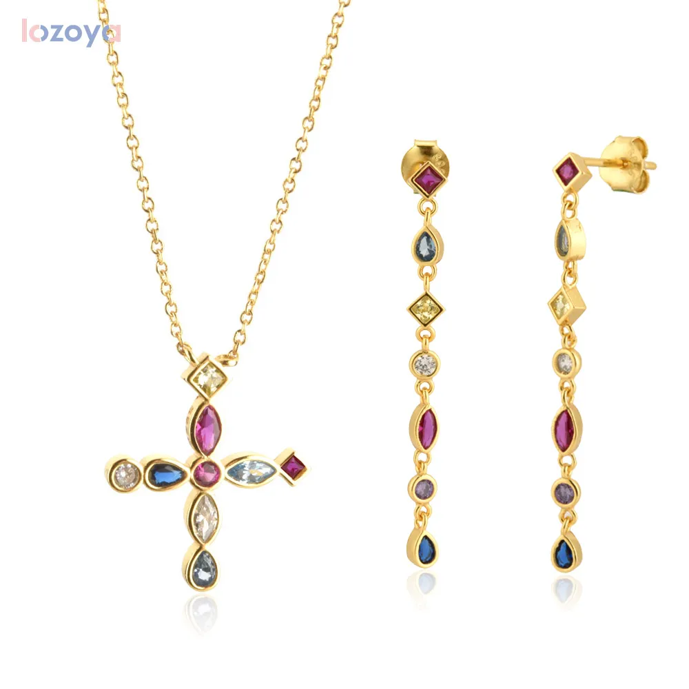 LOZOYA 925 Sterling Silver Chain Drop Earring Gold Rainbow Cross Zircon Necklace Long 2020 Rock Punk Fashion Fine Jewelry Set