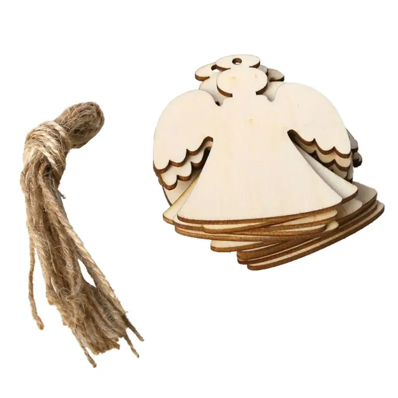 

2021 New 10pcs/set Christmas Tree Angel DIY Wooden Pendant Hanging with Linen Ropes DIY Ornament Crafts Party Home Decor