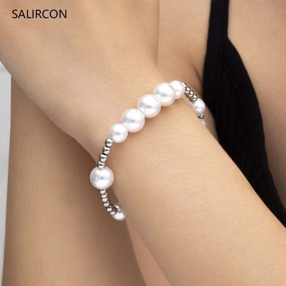 Salircon панк из нержавеющей стали имитация жемчуга Женская Серебряная цепочка