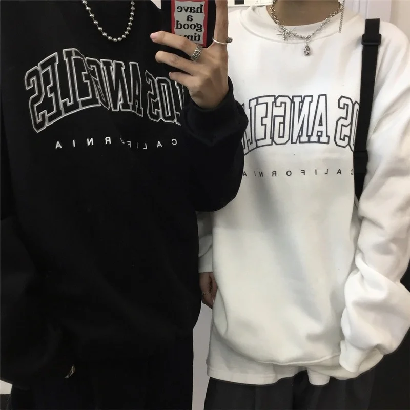 

Women Men Harajuku Korean Loose Thin Long Sleeve Hooded Sweatshirt Letter Print Retro Shirt Couple Top Drop Ship