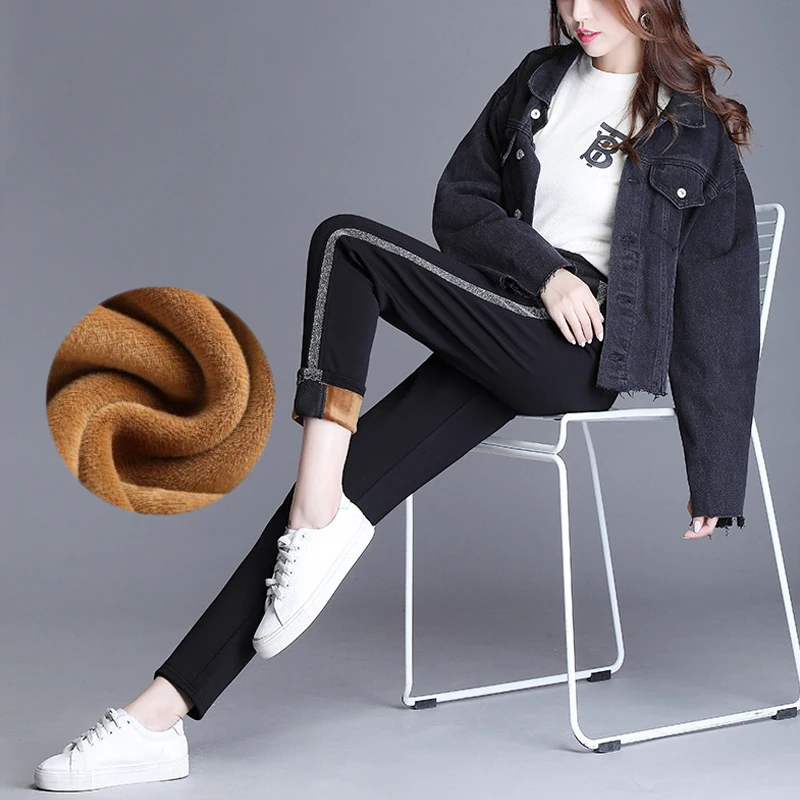 F2 silver striped Женские полосатые спортивные штаны, зимние утолщенные плюшевые шаровары из овечьей шерсти, корейские женские повседневные брюки, Pantalones Mujer Cintura Alta - Цвет: F2 silver striped