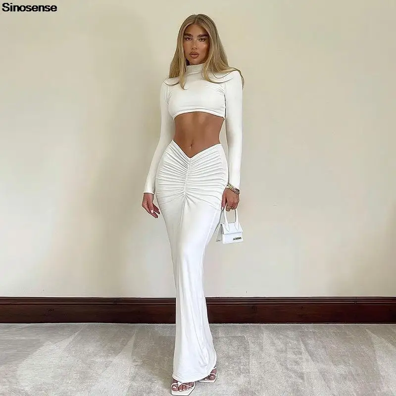 

Elegant Autumn Two Piece Set Women Long Sleeve Turtleneck Crop Top And Long Ruched Maxi Skirt Sets Sexy Club Party Outfits
