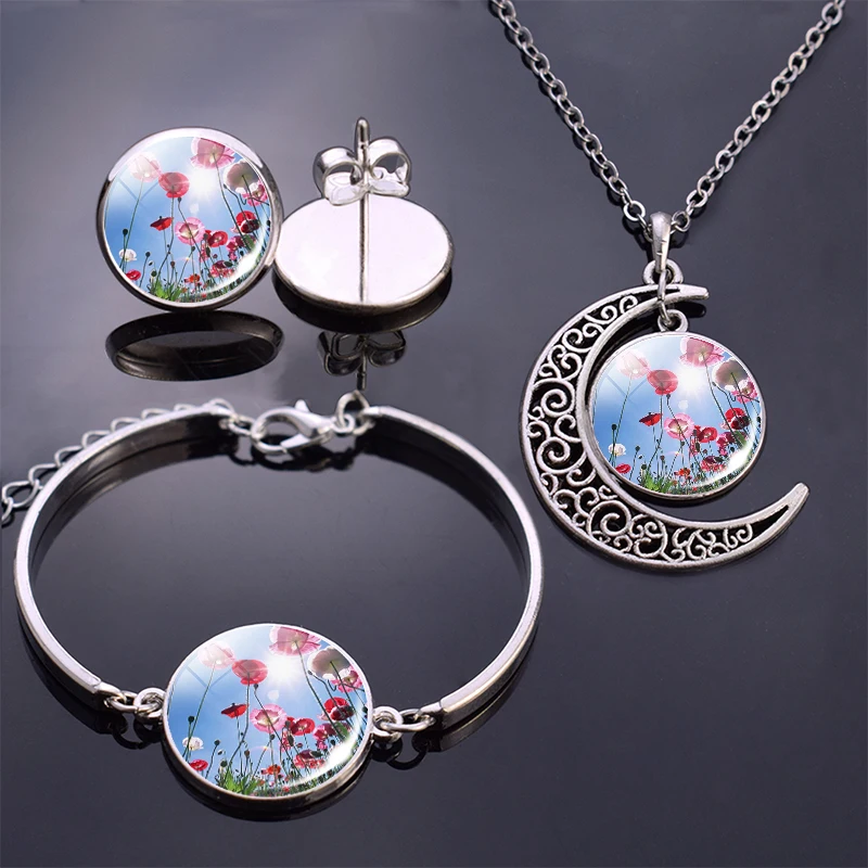 Цветочный браслет/серьги/ожерелье ювелирный набор цветы мака стеклянный кабошон