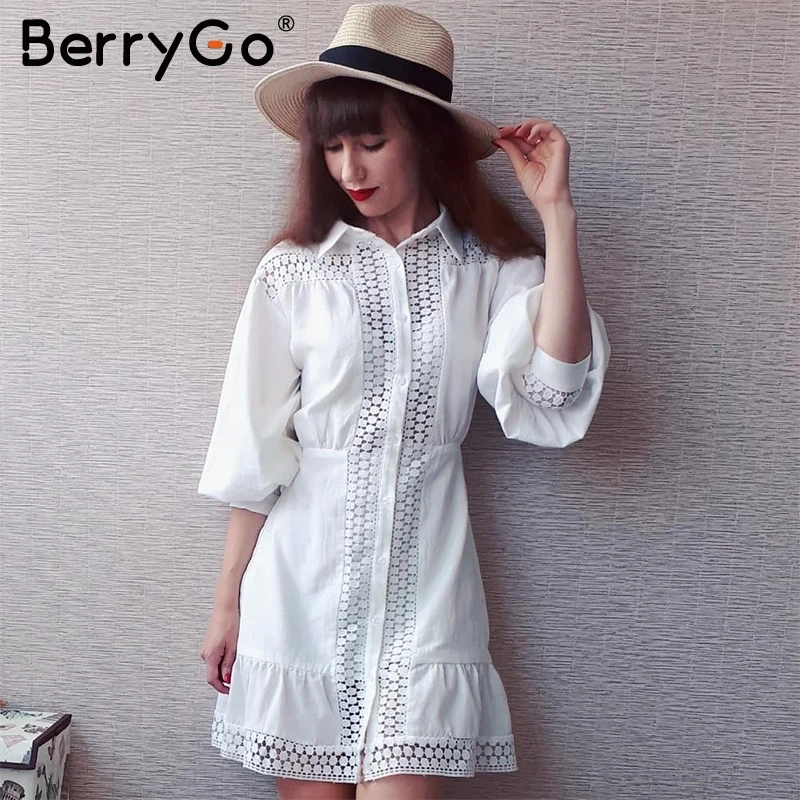 BerryGo Элегантный kороткие кружевные хлопчатобумажные платья фонарь рукавом A Line
