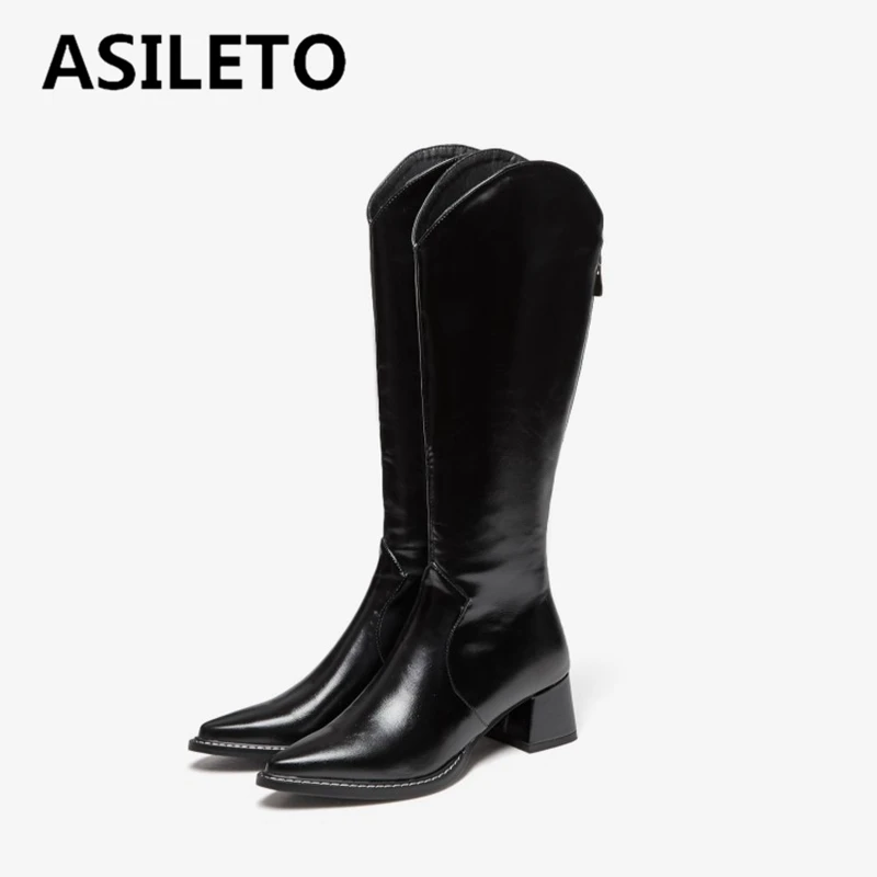 

ASILETO 2021 Styles Long Ladies Boots Pointed Toe Chunky Heel Artificial Leather Zipper Solid Big Size 32-47 Black White S2633