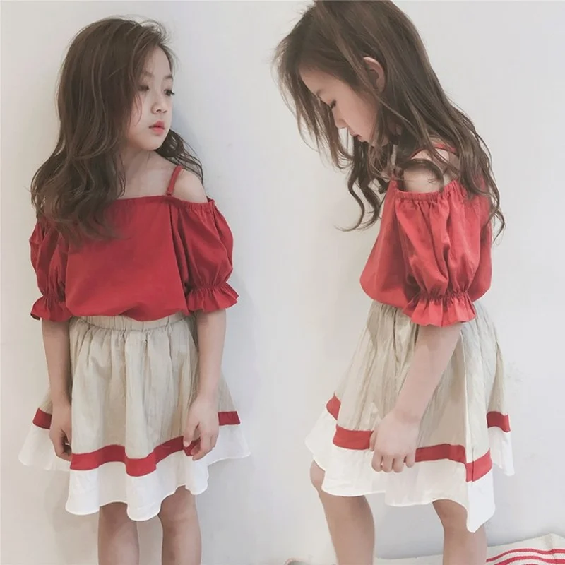

Solid Girls Summer Suspender Shirt and Skirt Sets for 3-13 Years Korean Children's Clothing New Kids Casual Clothes Two Pieces
