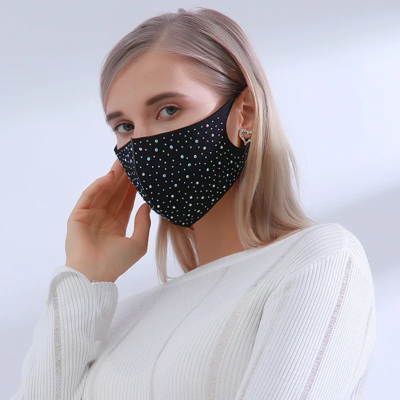 

Женская 3D черная блестящая маска для рта, цельная маска для лица с имитацией бриллиантов, противопыльная хлопковая Солнцезащитная дышащая ...