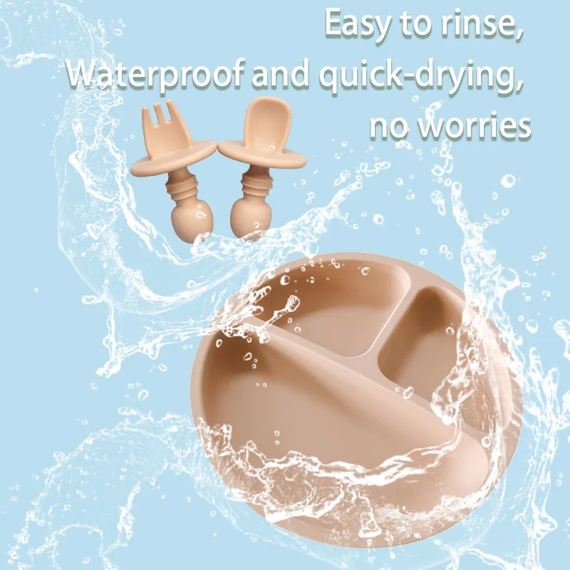 

Fashion Solid Silicon Plate Set For Baby Kids Training Feeding Dinnerware Baby Learning Plate Set With Fork Spoon BPA Free