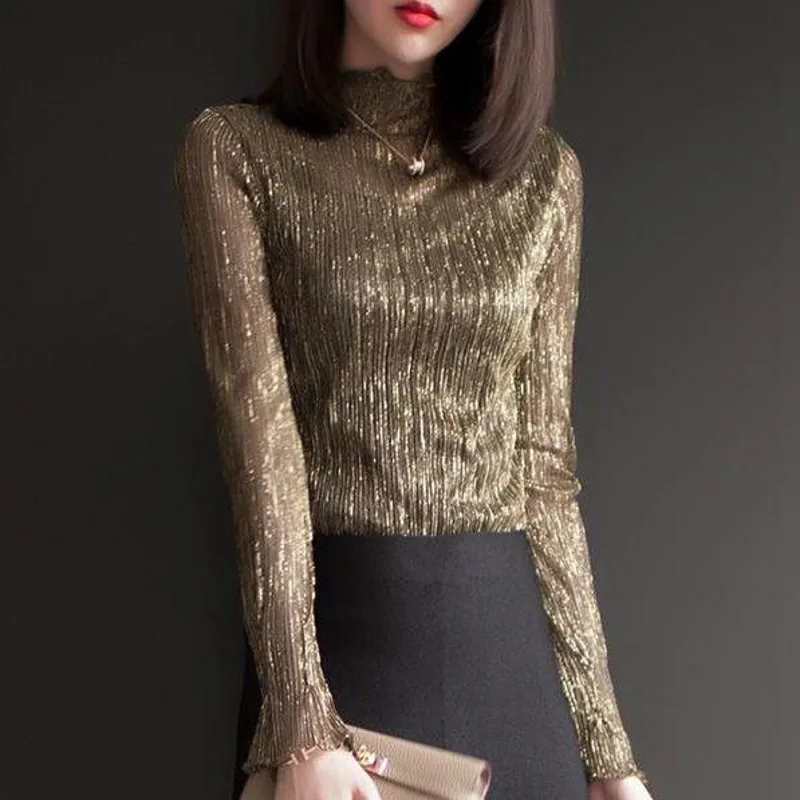 Яркая Золотая шелковая блузка рубашка женские блузки Осень зима 2019 женская